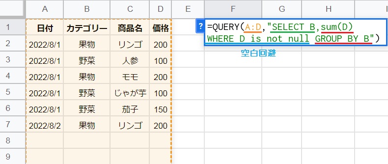 query関数のgroup byの空白を削除