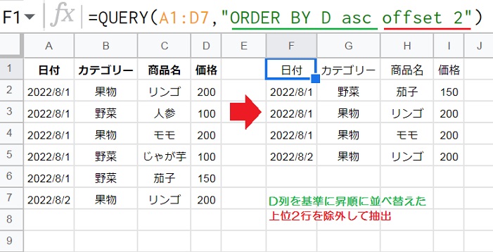 QUERY関数のoffset句の使い方