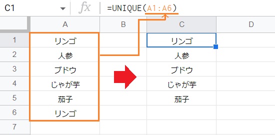 UNIQUE関数に複数列または範囲を指定する方法
