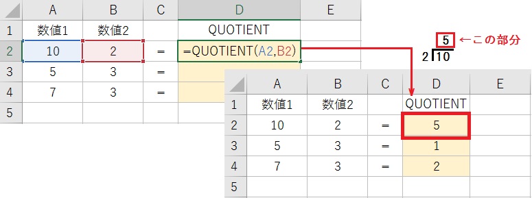 QUOTIENT関数で割り算の商を求める方法