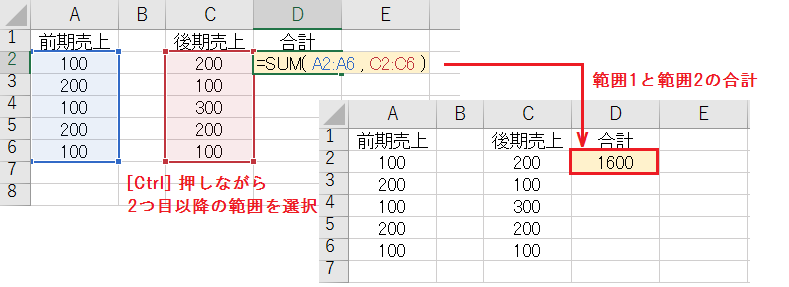 Excelの足し算で範囲を複数足し算する方法