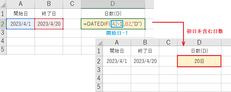 エクセルのDATEDIF関数で初日を含む日数をカウントする方法
