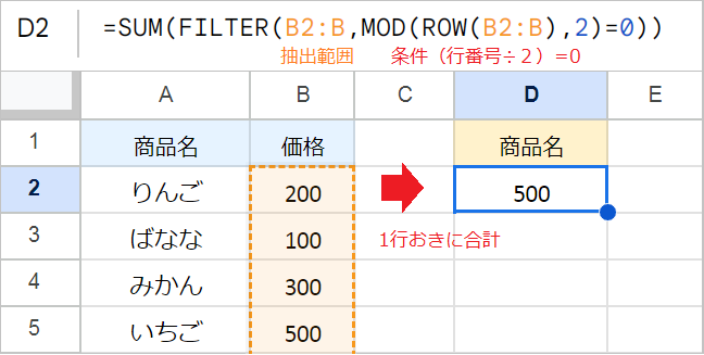 【スプレッドシート】1行飛ばしで抽出・合計する方法