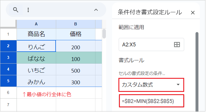 スプレッドシートで最小値に色を付ける方法（行ごと・列ごとも）