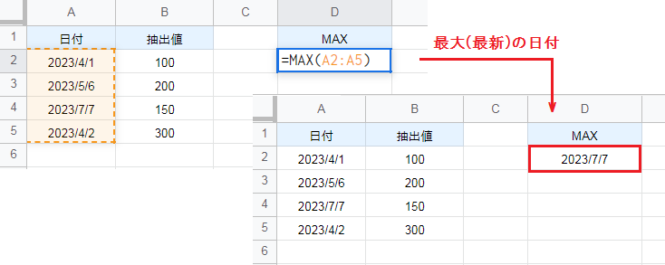 スプレッドシートのMAX関数で日付の最大値(最新の日付)を抽出する方法