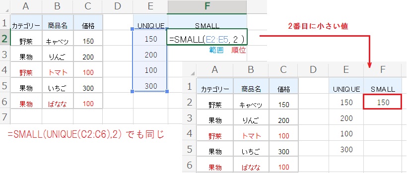 エクセルのSMALL関数で重複を除いたn番目を抽出する方法