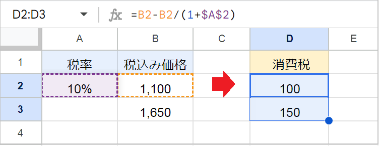 【スプレッドシート】税込・税抜・消費税だけの価格の計算方法！